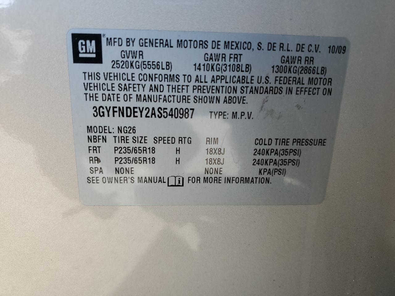 2010 Cadillac Srx Luxury Collection VIN: 3GYFNDEY2AS540987 Lot: 92528405