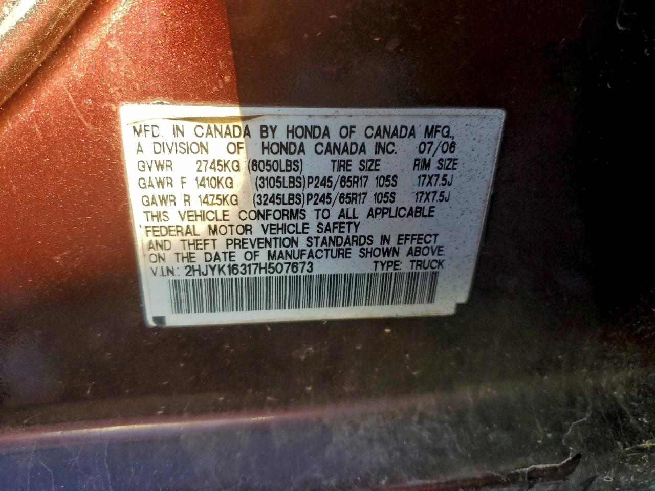 2007 Honda Ridgeline Rtx VIN: 2HJYK16317H507673 Lot: 93712775