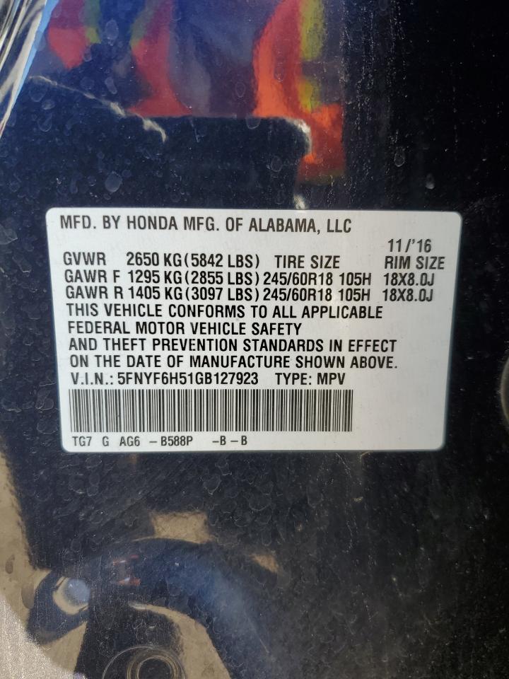 2016 Honda Pilot Exl VIN: 5FNYF6H51GB127923 Lot: 93065485