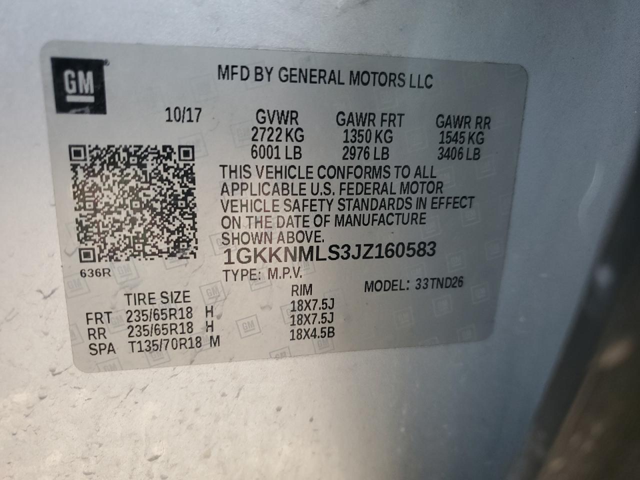 2018 GMC Acadia Slt-1 VIN: 1GKKNMLS3JZ160583 Lot: 91908195