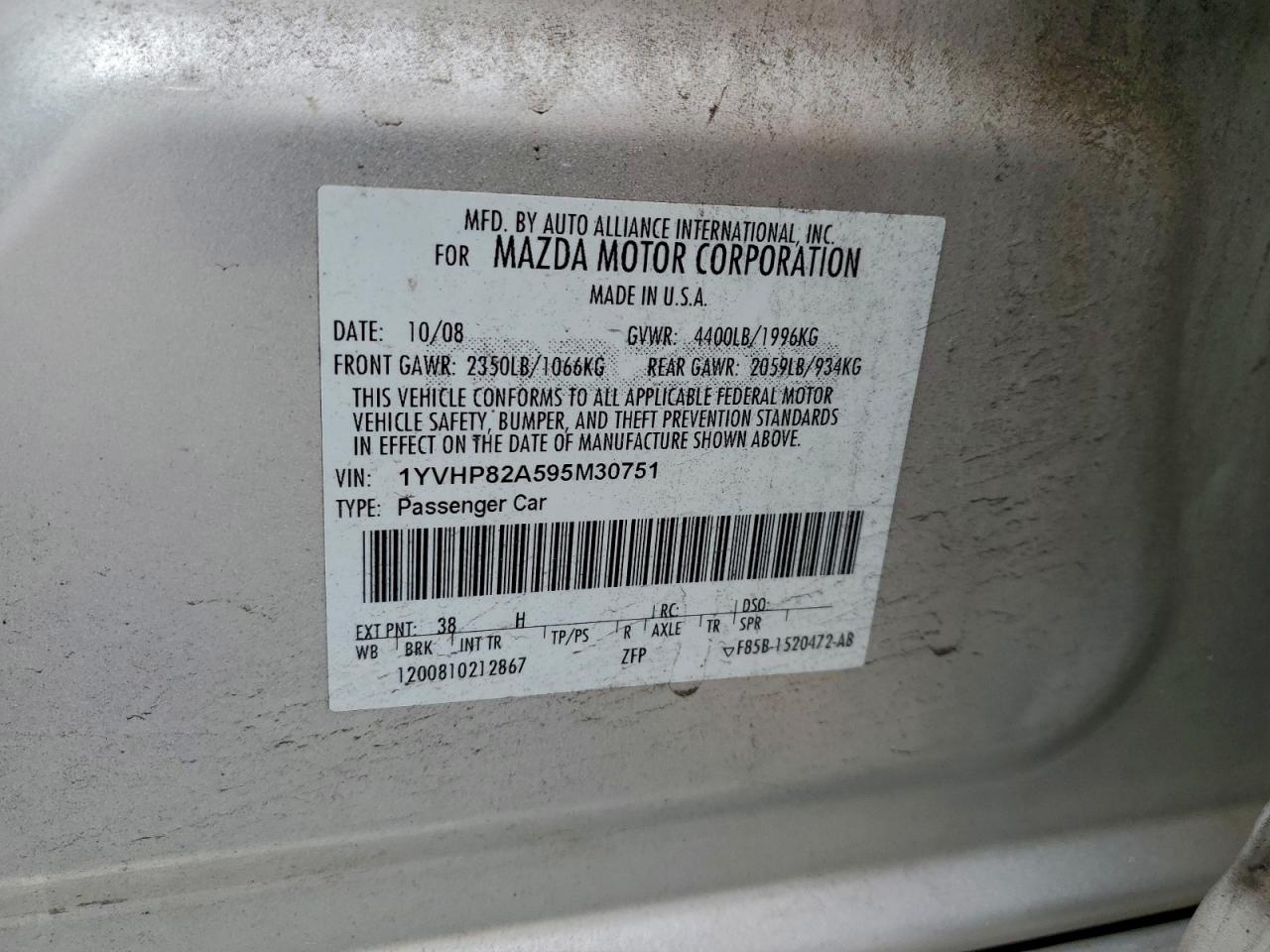 2009 Mazda 6 I VIN: 1YVHP82A595M30751 Lot: 93870365