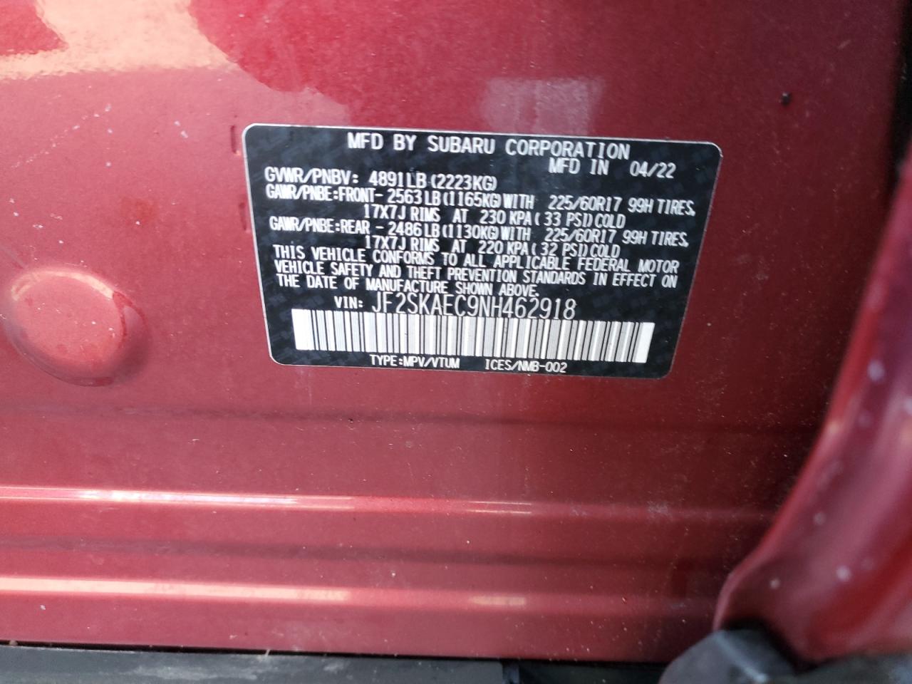 2022 Subaru Forester Premium VIN: JF2SKAEC9NH462918 Lot: 93588245