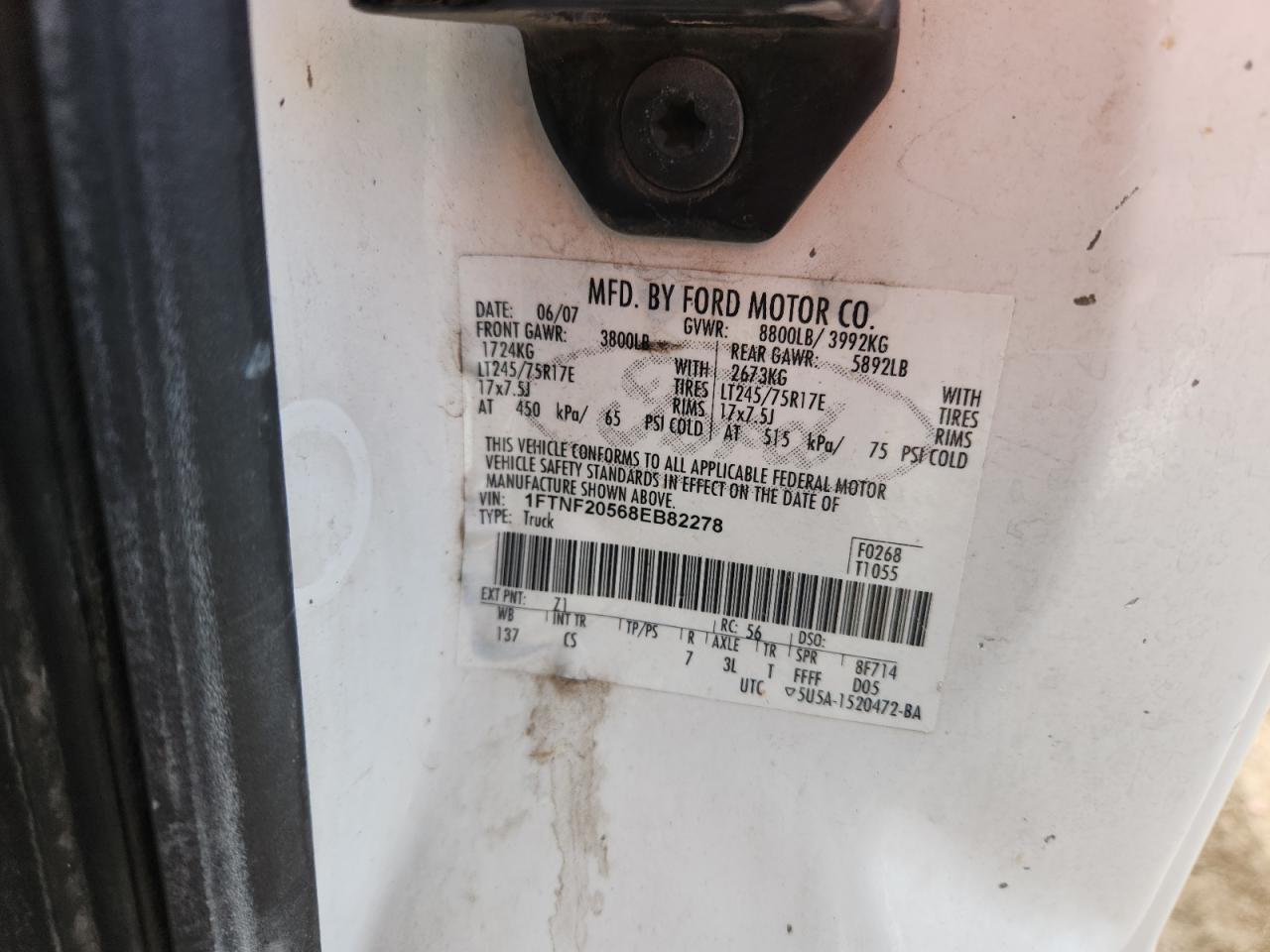 2008 Ford F250 Super Duty VIN: 1FTNF20568EB82278 Lot: 92655765