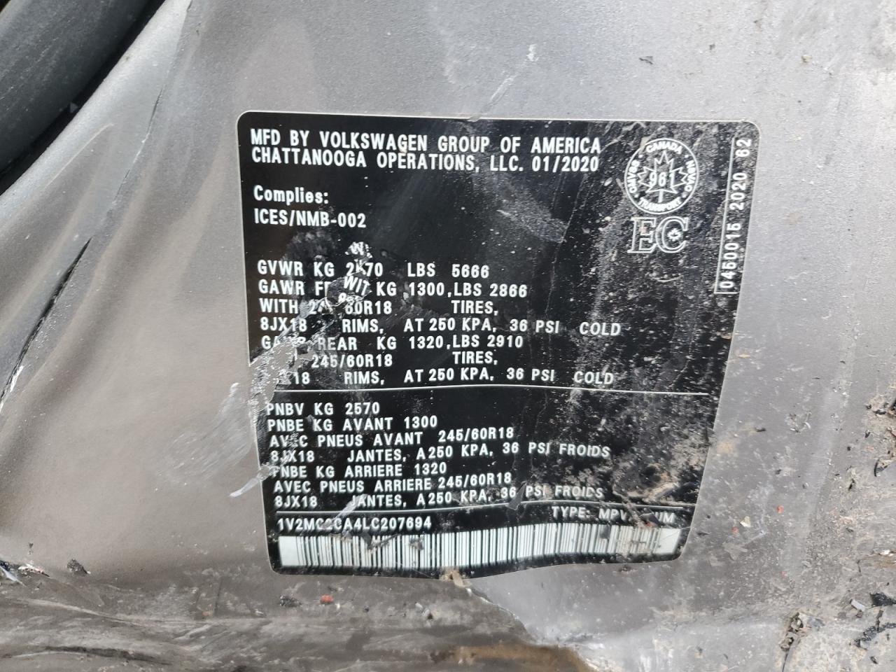 2020 Volkswagen Atlas Cross Sport Sel VIN: 1V2MC2CA4LC207694 Lot: 92662775