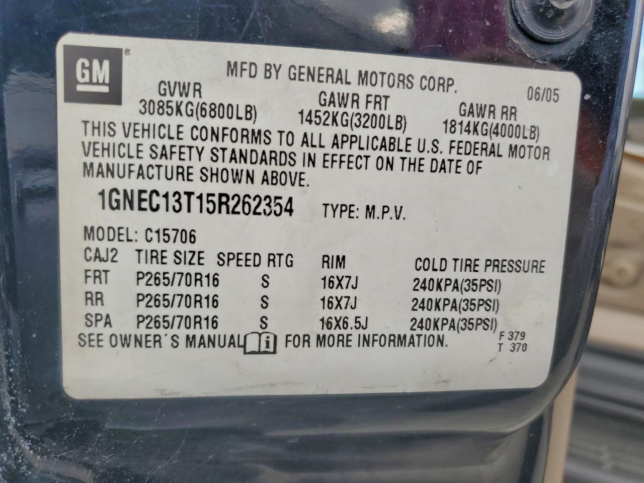 2005 Chevrolet Tahoe C1500 VIN: 1GNEC13T15R262354 Lot: 87378895