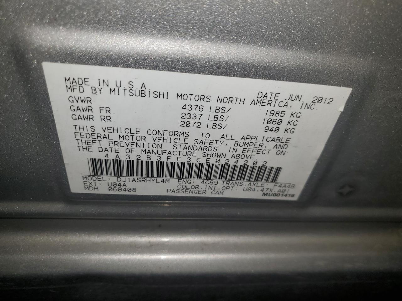 2012 Mitsubishi Galant Es VIN: 4A32B3FF3CE024202 Lot: 92872715