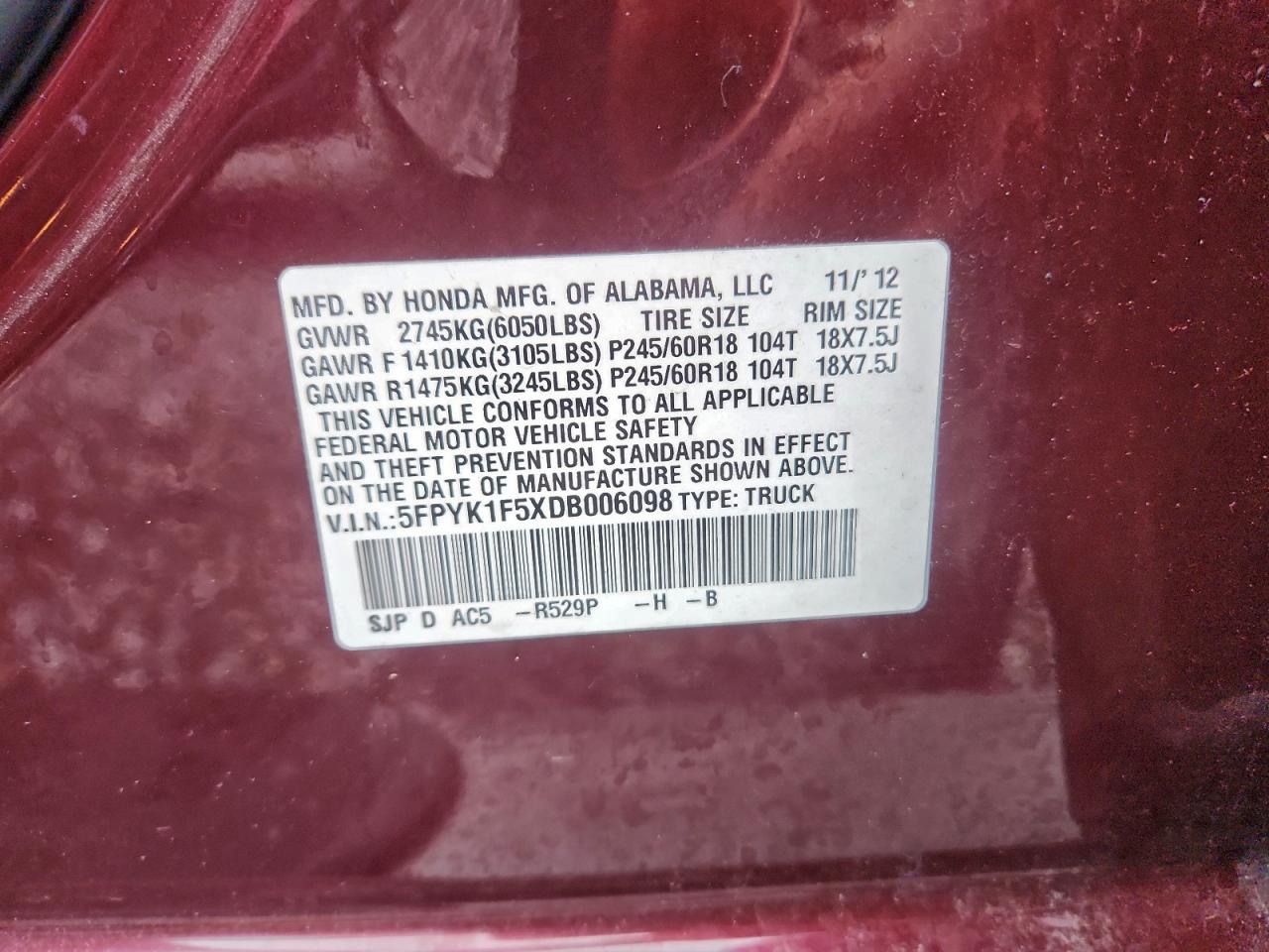 2013 Honda Ridgeline Rtl VIN: 5FPYK1F5XDB006098 Lot: 93890785