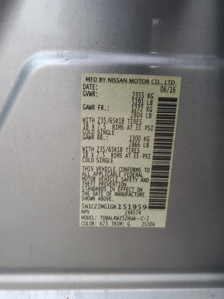 2016 Nissan Murano Sl Hev VIN: 5N1CZ2MG1GN151959 Lot: 92064025