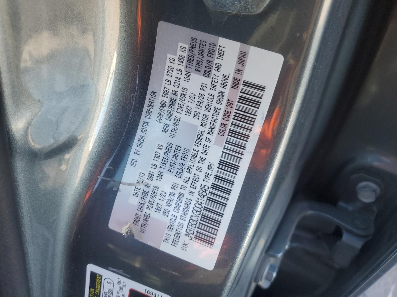 2013 Mazda Cx-9 Touring VIN: JM3TB3CV3D0414645 Lot: 91439445