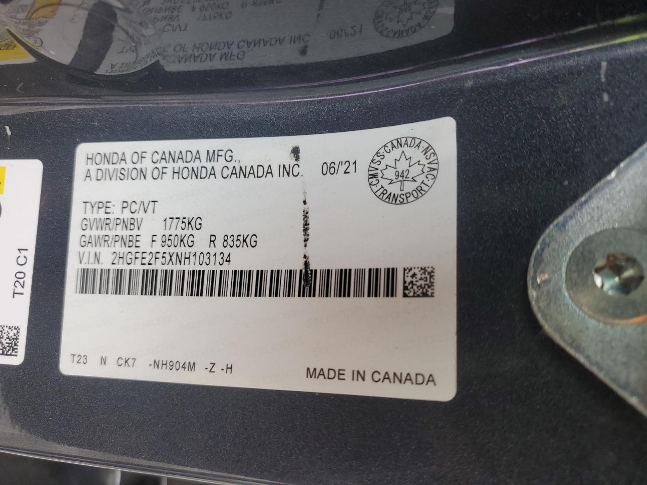 2022 Honda Civic Sport VIN: 2HGFE2F5XNH103134 Lot: 92622505