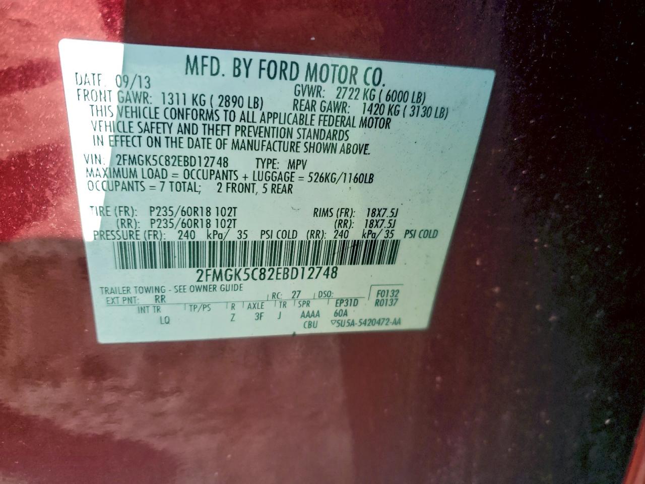 2014 Ford Flex Sel VIN: 2FMGK5C82EBD12748 Lot: 93494045