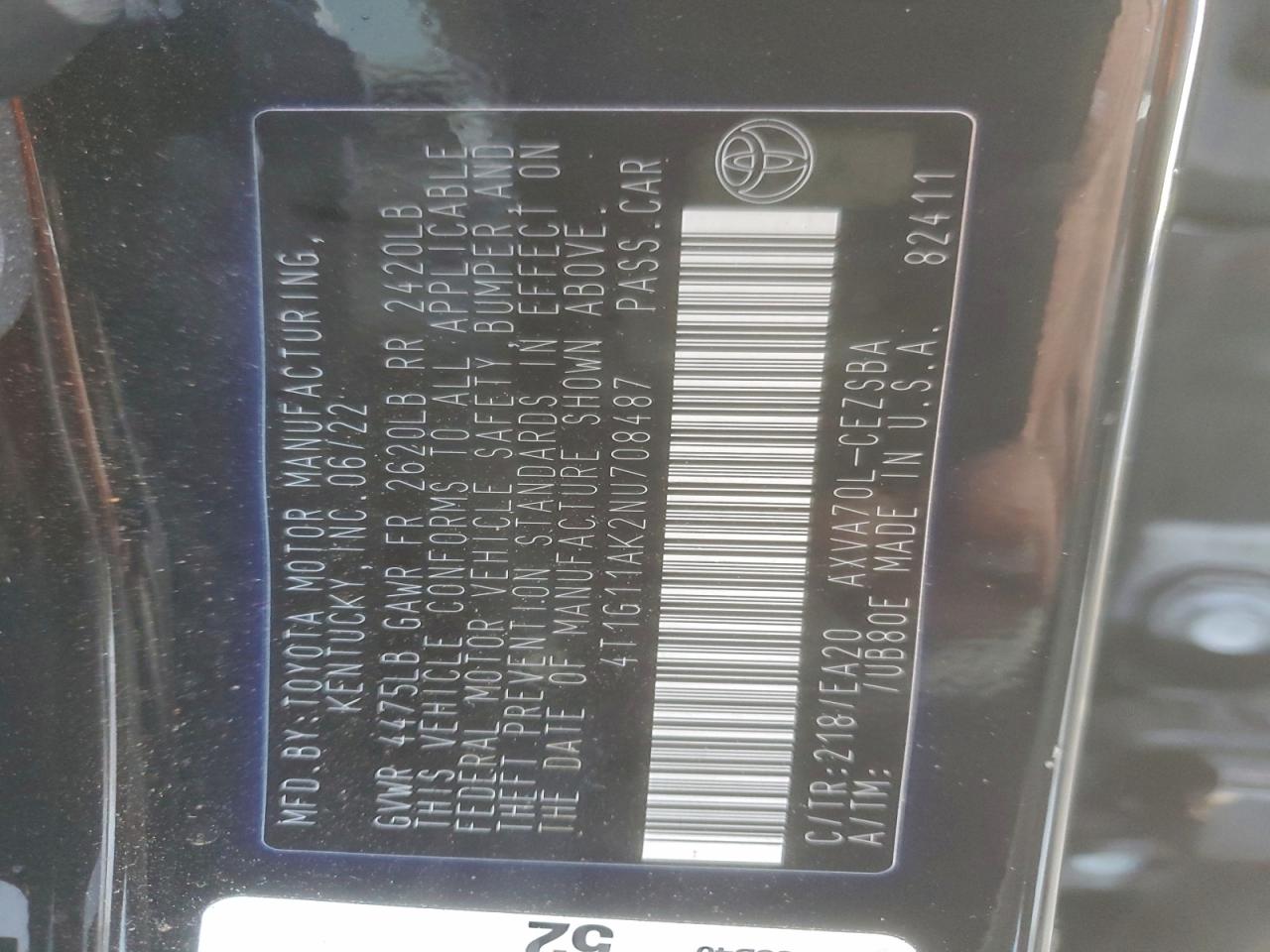 2022 Toyota Camry Se VIN: 4T1G11AK2NU708487 Lot: 93425805