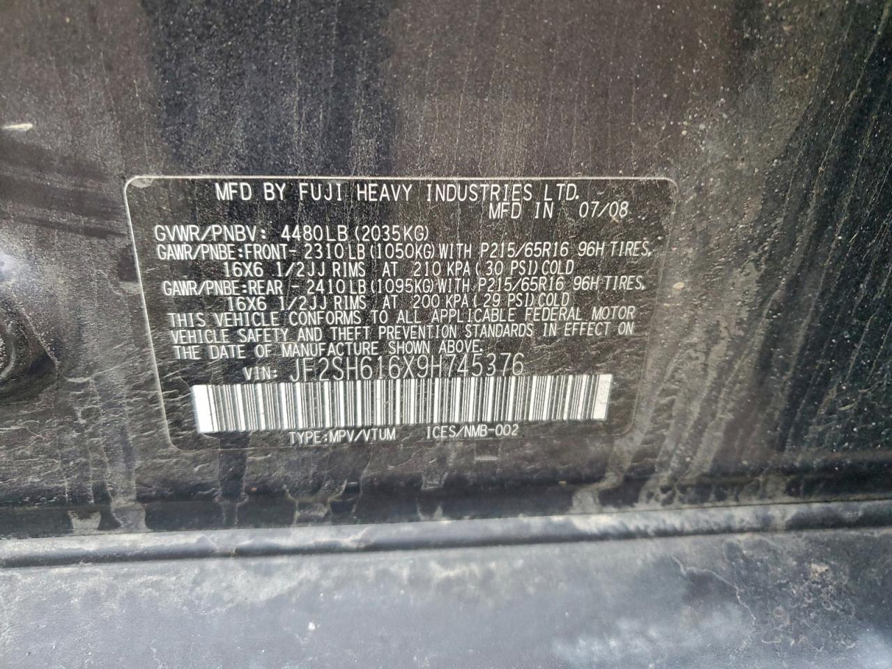 2009 Subaru Forester 2.5X VIN: JF2SH616X9H745376 Lot: 93105315