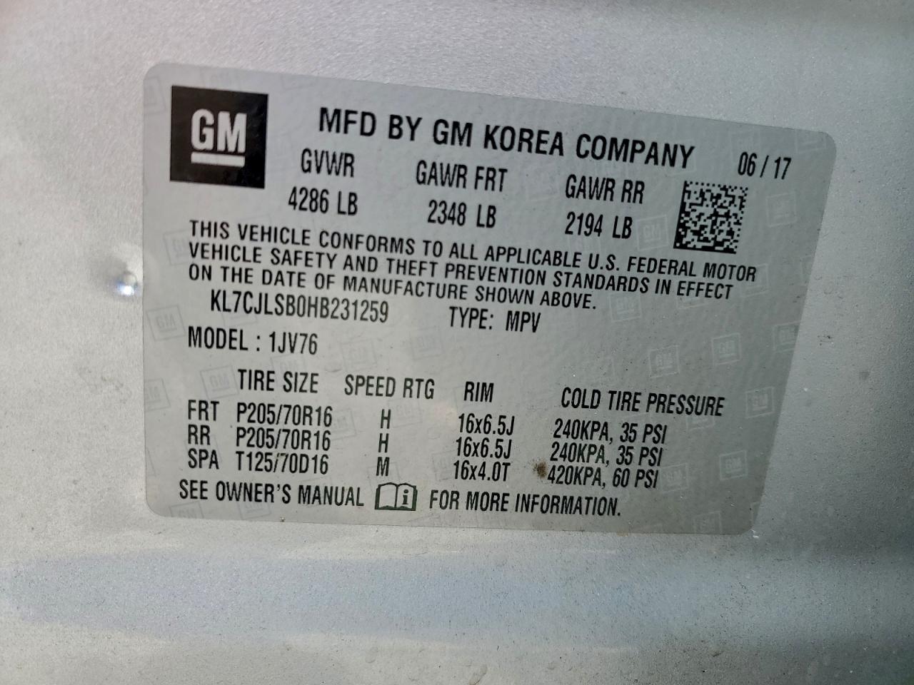 2017 Chevrolet Trax 1Lt VIN: KL7CJLSB0HB231259 Lot: 92912935