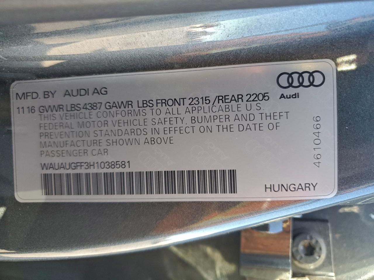 2017 Audi A3 Premium VIN: WAUAUGFF3H1038581 Lot: 93934525