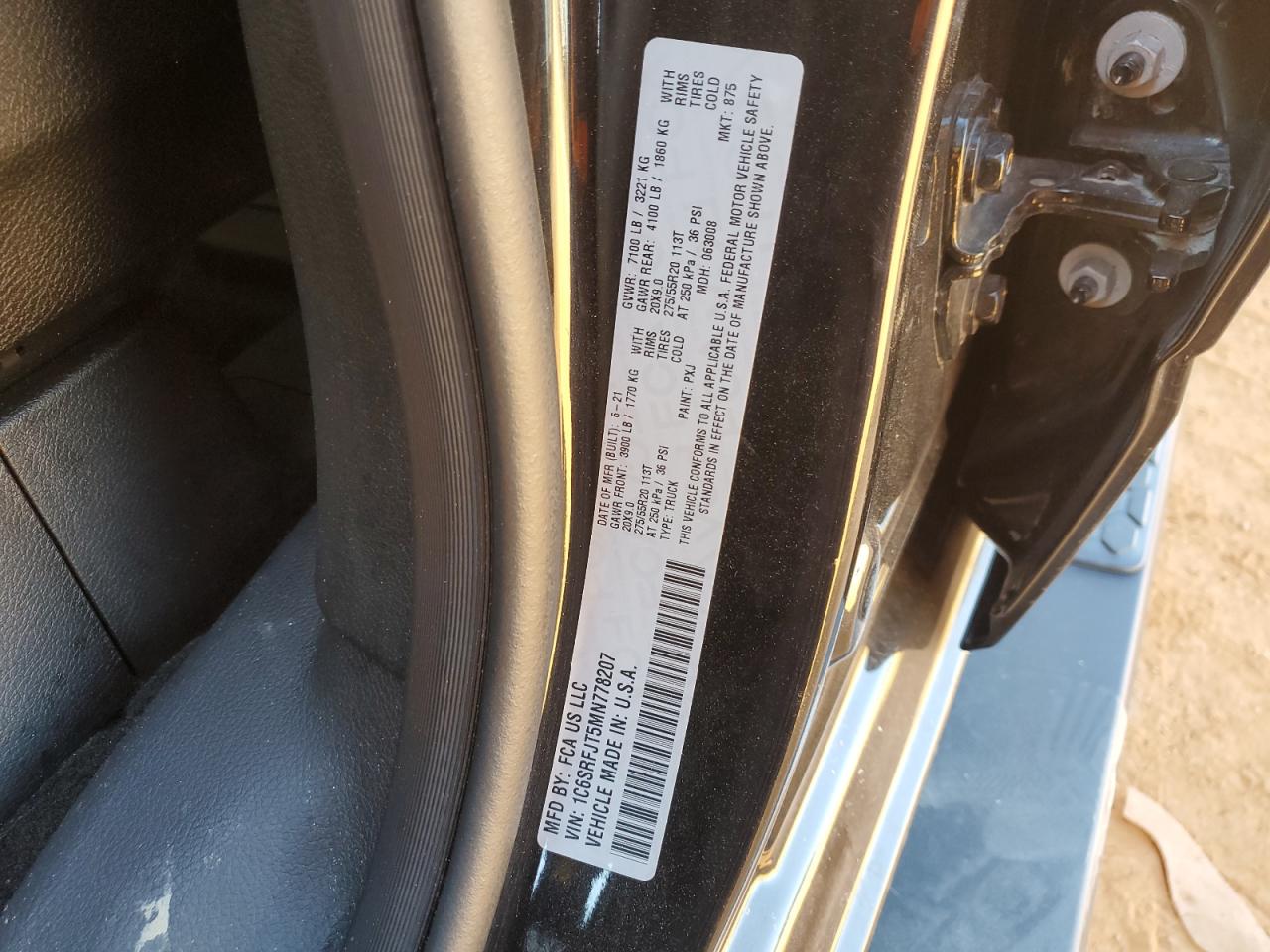 2021 Ram 1500 Laramie VIN: 1C6SRFJT5MN778207 Lot: 91634765