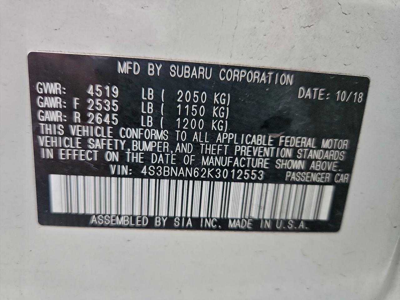 2019 Subaru Legacy 2.5I Limited VIN: 4S3BNAN62K3012553 Lot: 93781015