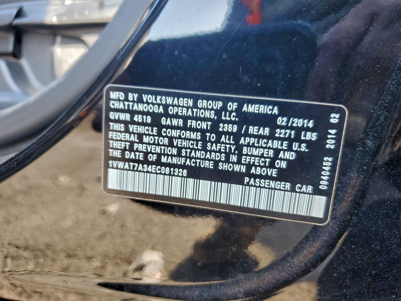 2014 Volkswagen Passat S VIN: 1VWAT7A34EC081326 Lot: 93815095