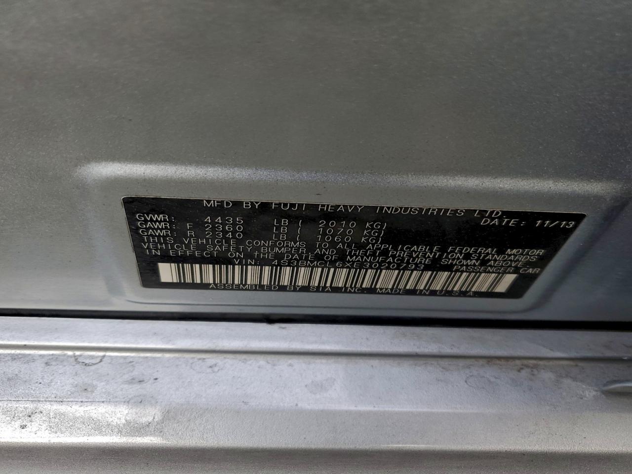 2014 Subaru Legacy 2.5I Limited VIN: 4S3BMCL6XE3020793 Lot: 93106995