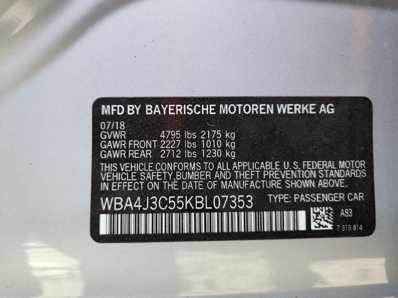 2019 BMW 430Xi Gran Coupe VIN: WBA4J3C55KBL07353 Lot: 91437275