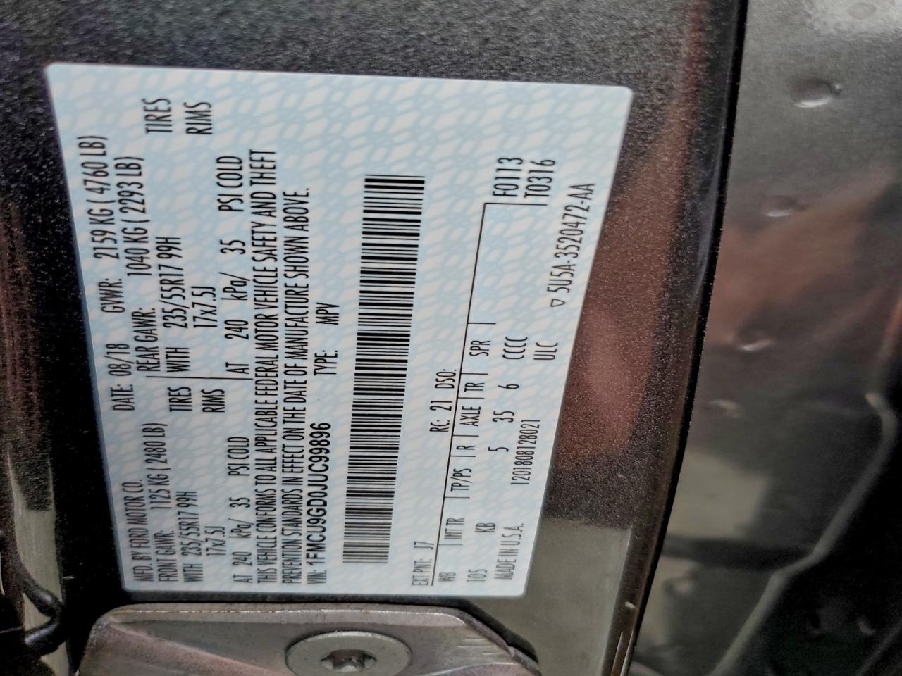 2018 Ford Escape Se VIN: 1FMCU9GD0JUC99896 Lot: 93913465