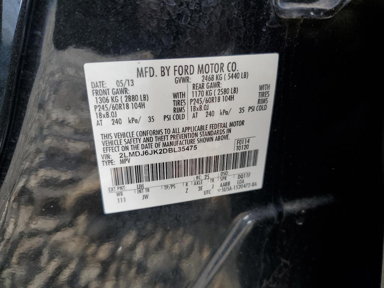 2013 Lincoln Mkx VIN: 2LMDJ6JK2DBL35475 Lot: 91264765