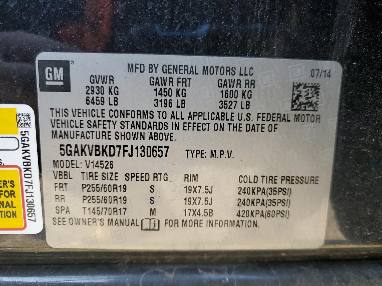 2015 Buick Enclave VIN: 5GAKVBKD7FJ130657 Lot: 90235945