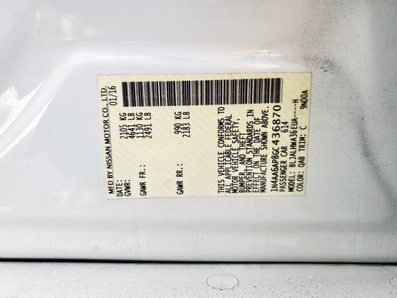 2016 Nissan Maxima 3.5S VIN: 1N4AA6AP8GC436870 Lot: 91813665