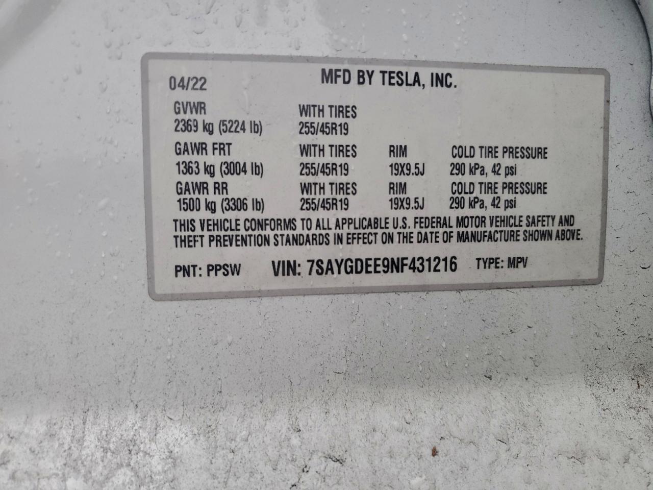 2022 Tesla Model Y VIN: 7SAYGDEE9NF431216 Lot: 94489125