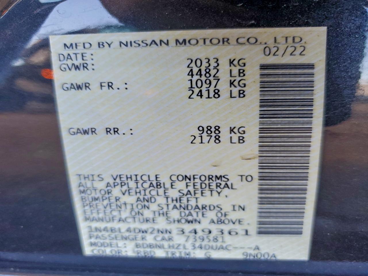 2022 Nissan Altima Sv VIN: 1N4BL4DW2NN349361 Lot: 94262895