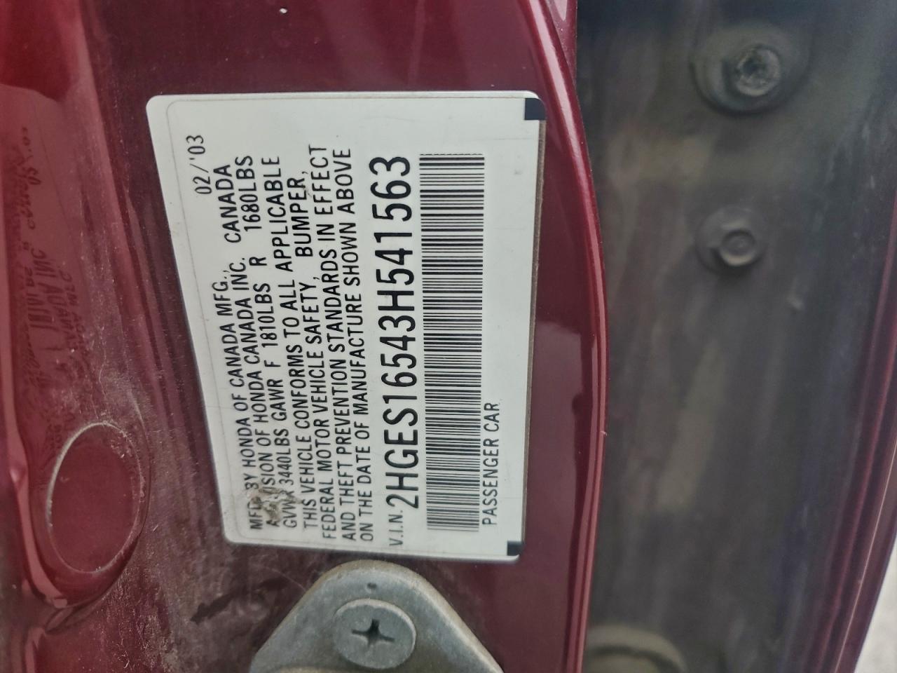 2003 Honda Civic Lx VIN: 2HGES16543H541563 Lot: 93341495