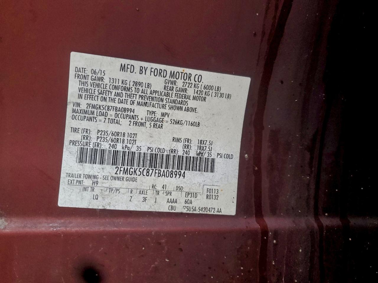 2015 Ford Flex Sel VIN: 2FMGK5C87FBA08994 Lot: 92435435