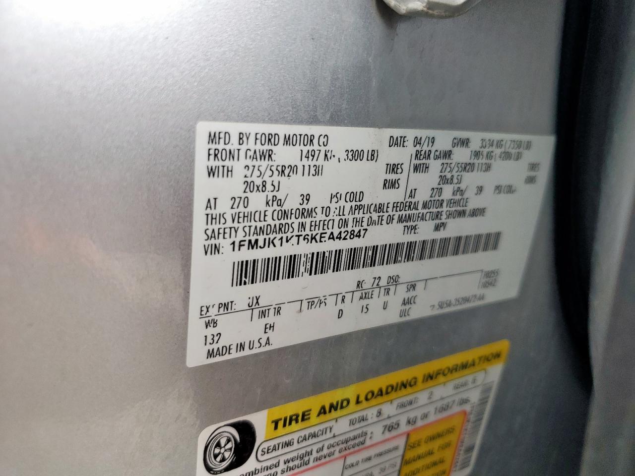 2019 Ford Expedition Max Limited VIN: 1FMJK1KT6KEA42847 Lot: 92579195