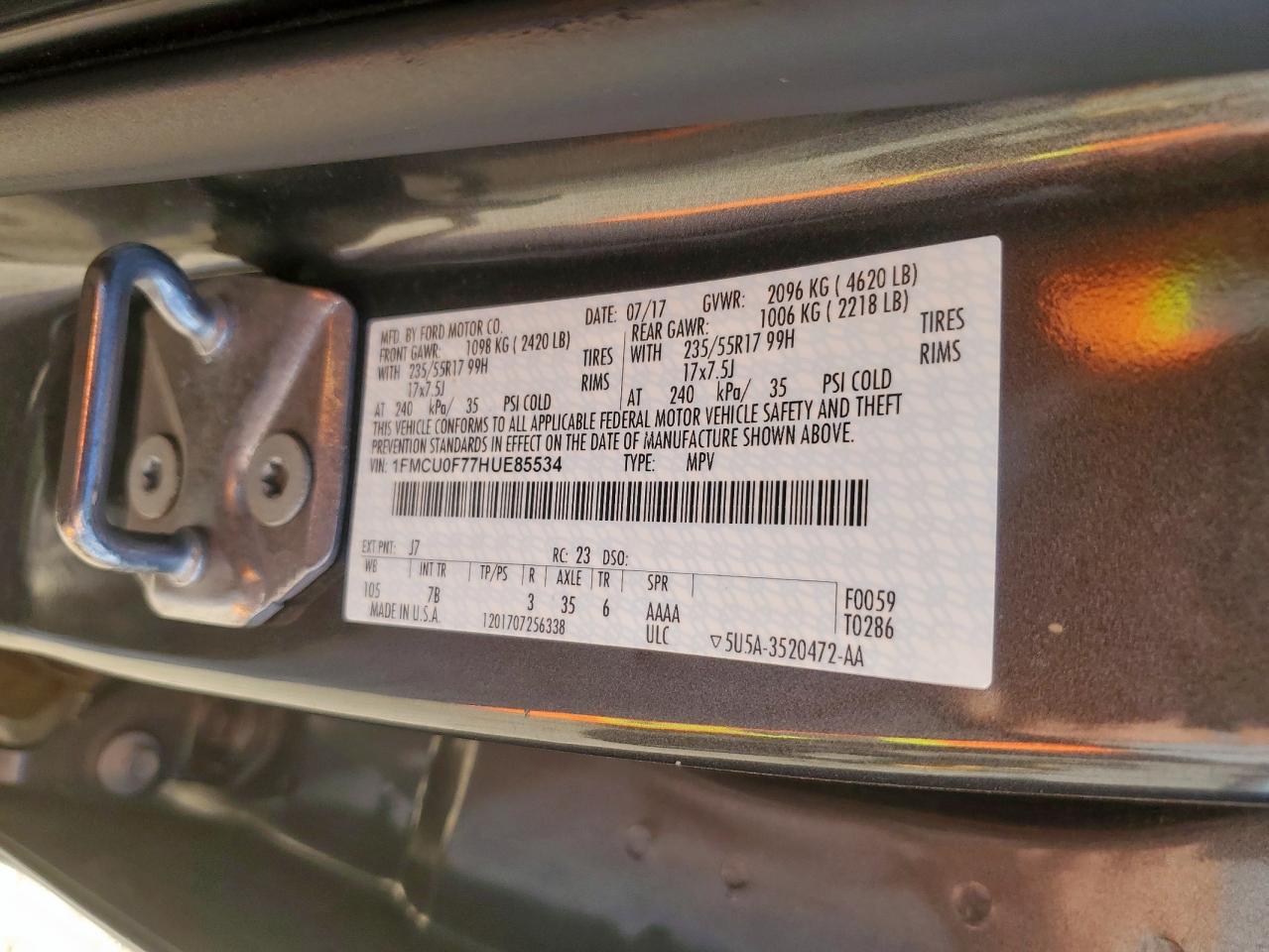 2017 Ford Escape S VIN: 1FMCU0F77HUE85534 Lot: 91775115