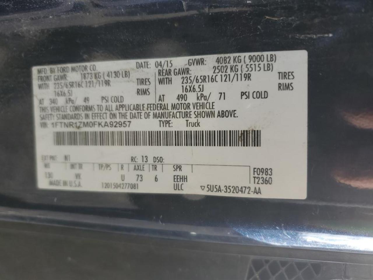 2015 Ford Transit T-250 Delivery Van VIN: 1FTNR1ZM0FKA92957 Lot: 93136105