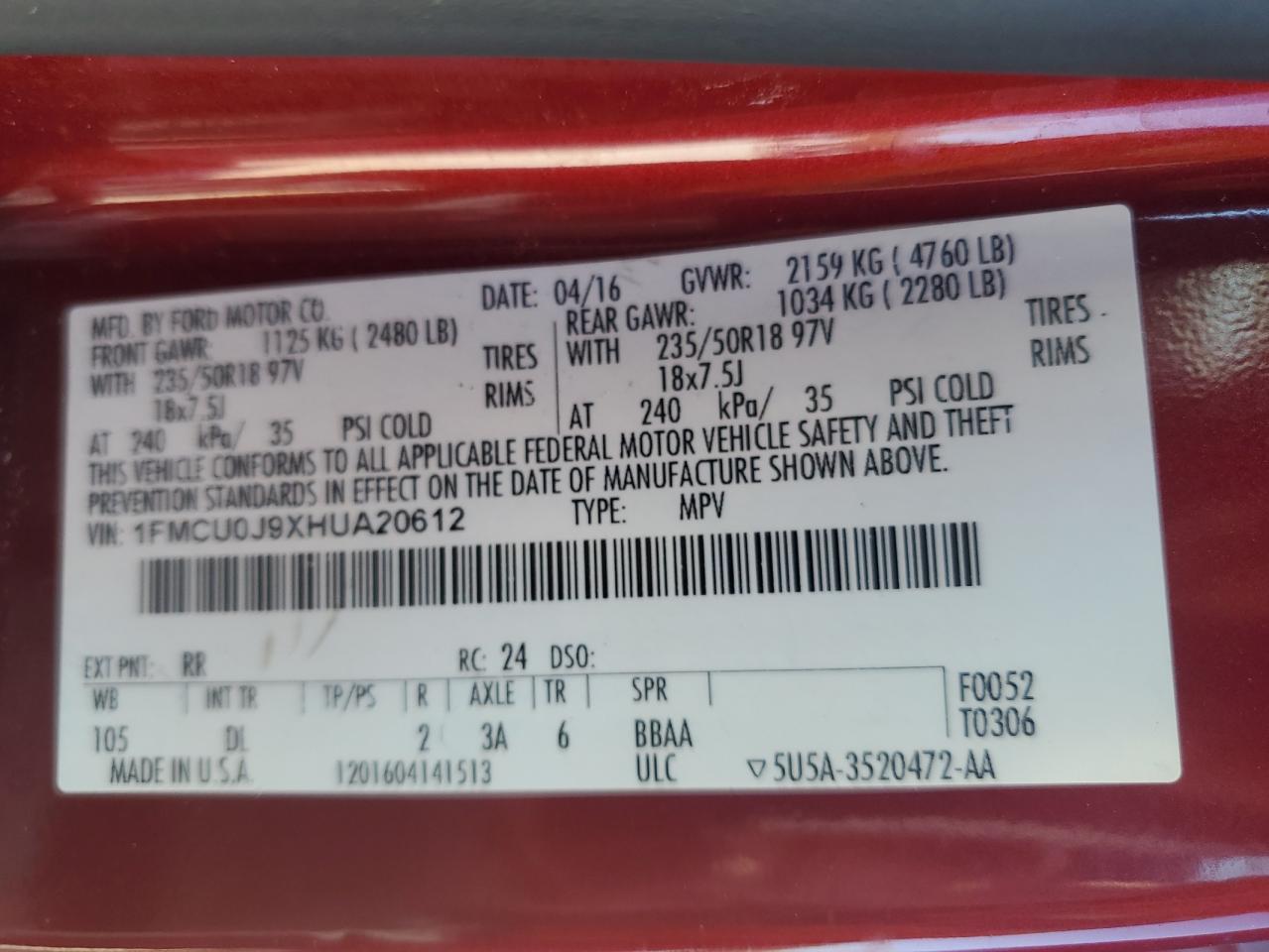 2017 Ford Escape Titanium VIN: 1FMCU0J9XHUA20612 Lot: 91144935