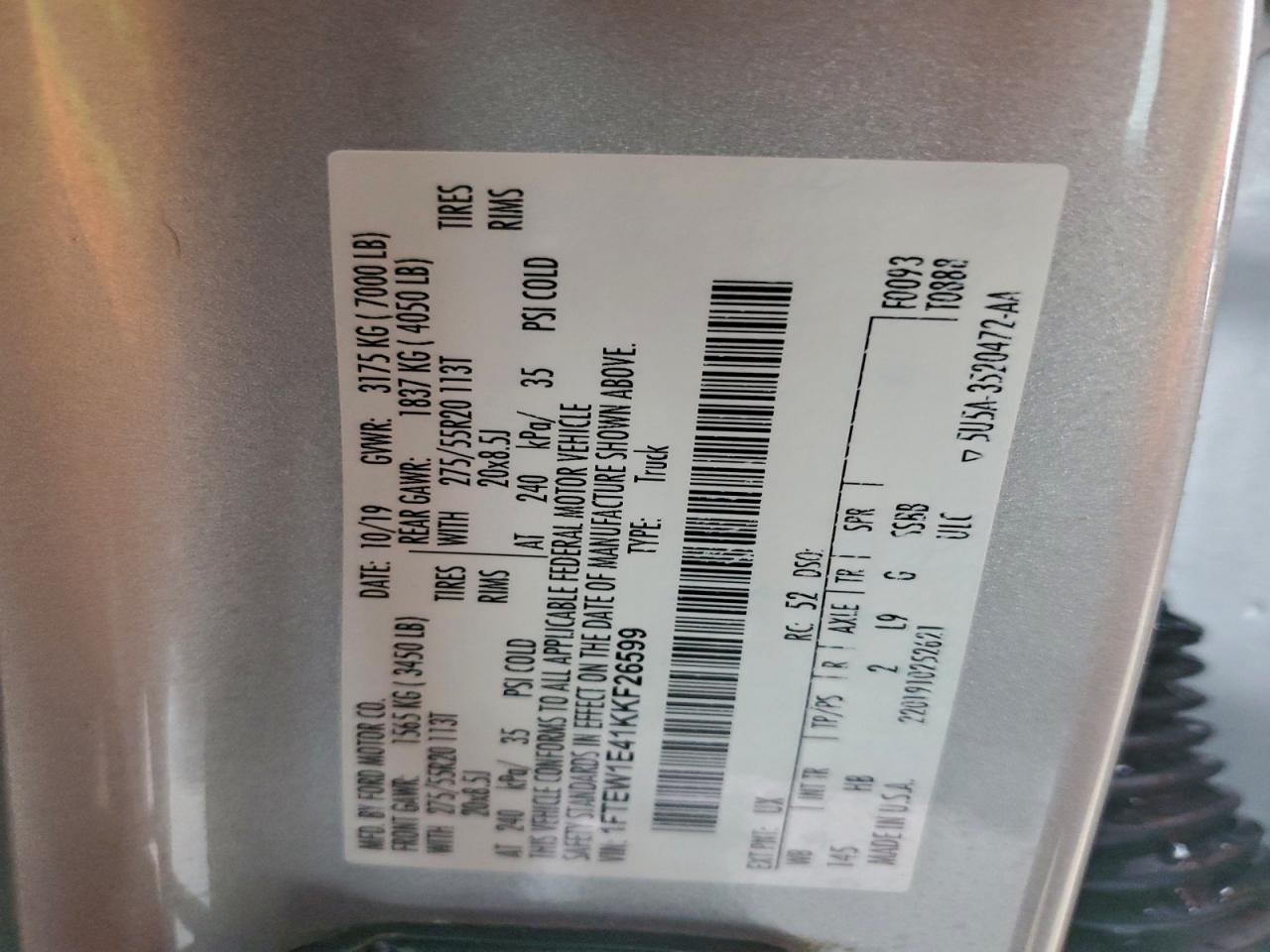 2019 Ford F150 Supercrew VIN: 1FTEW1E41KKF26599 Lot: 94174985