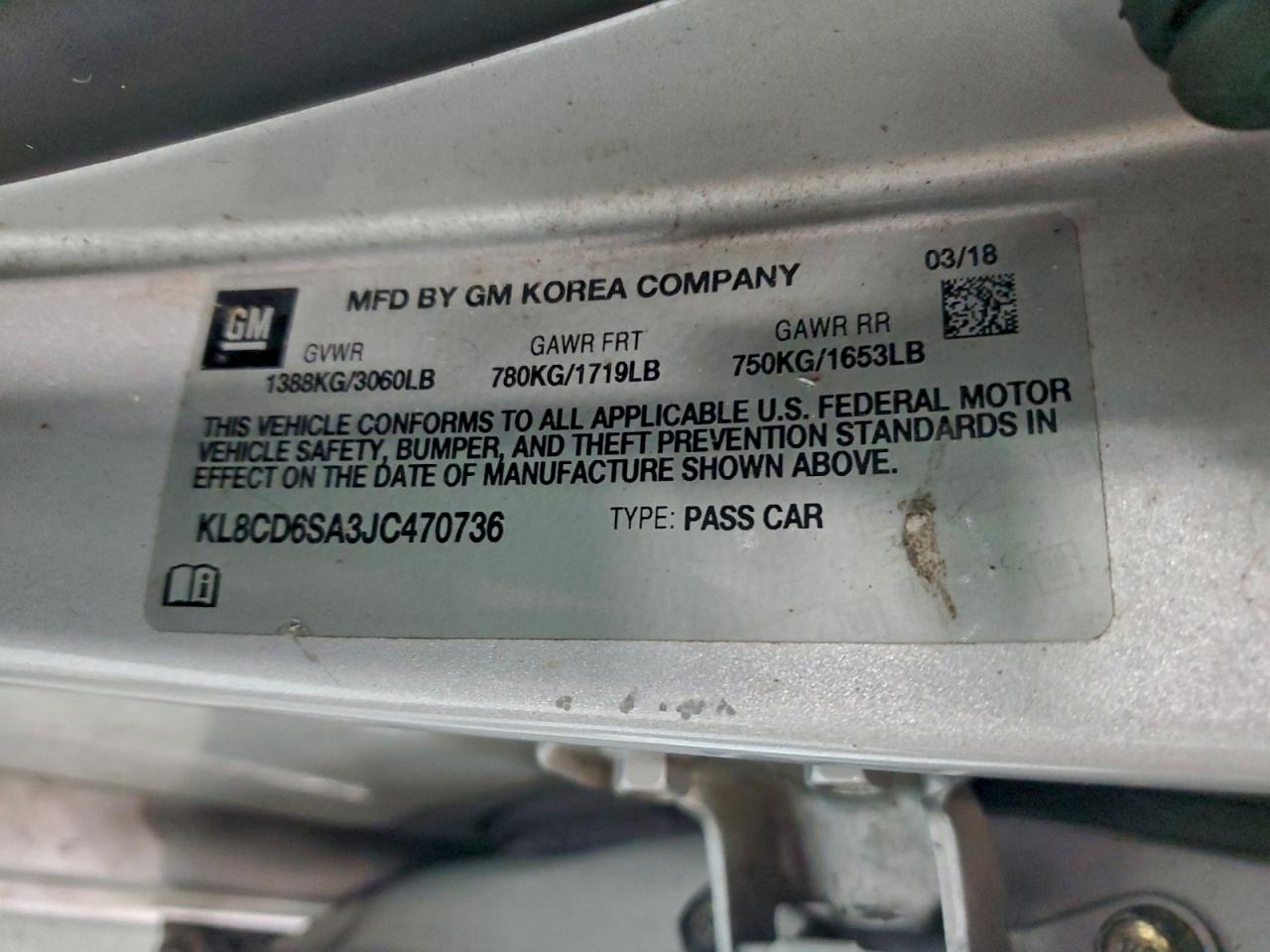 2018 Chevrolet Spark 1Lt VIN: KL8CD6SA3JC470736 Lot: 94478365