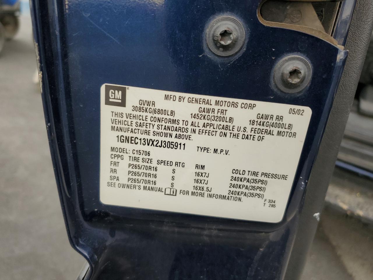 2002 Chevrolet Tahoe C1500 VIN: 1GNEC13VX2J305911 Lot: 92505465