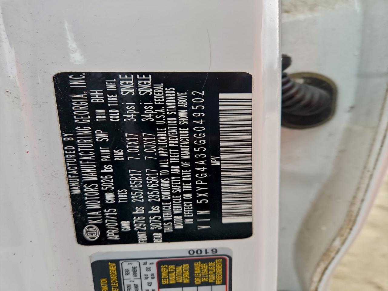 2016 Kia Sorento Lx VIN: 5XYPG4A35GG049502 Lot: 93876435