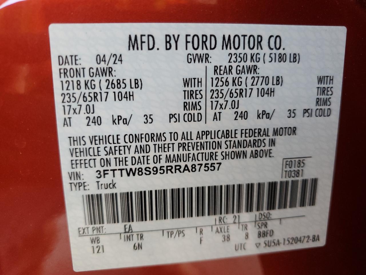 2024 Ford Maverick Lariat VIN: 3FTTW8S95RRA87557 Lot: 93415345