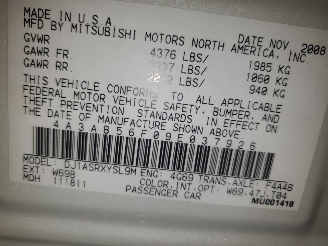 2009 Mitsubishi Galant Es VIN: 4A3AB56F09E037926 Lot: 85434885