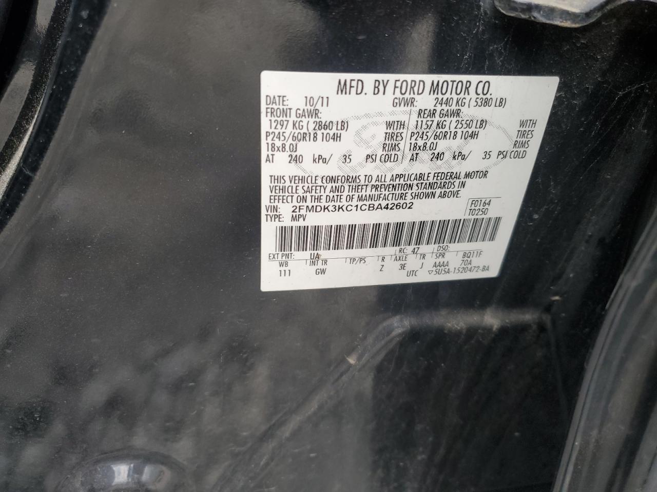 2012 Ford Edge Limited VIN: 2FMDK3KC1CBA42602 Lot: 91530845