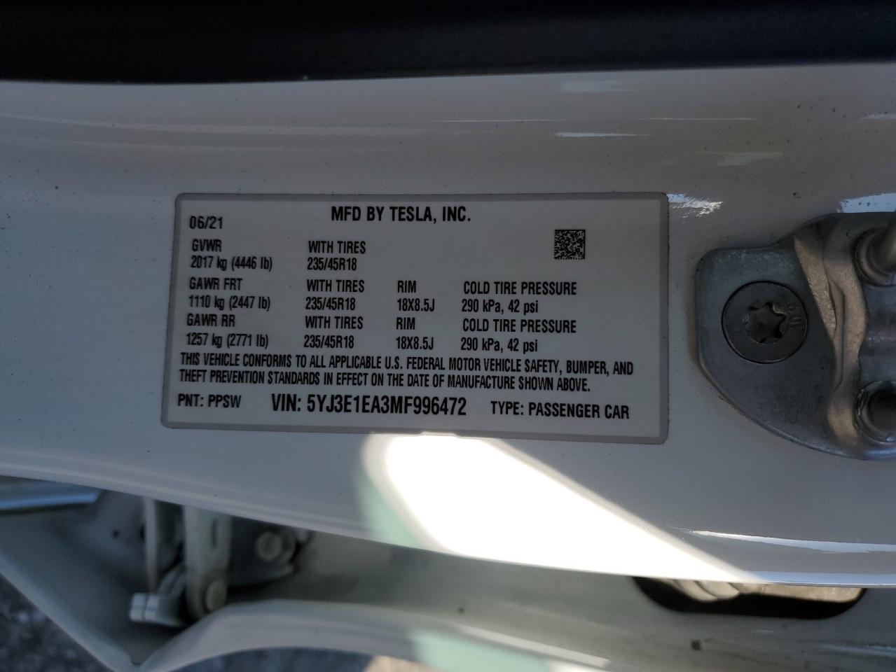 2021 Tesla Model 3 VIN: 5YJ3E1EA3MF996472 Lot: 91458375