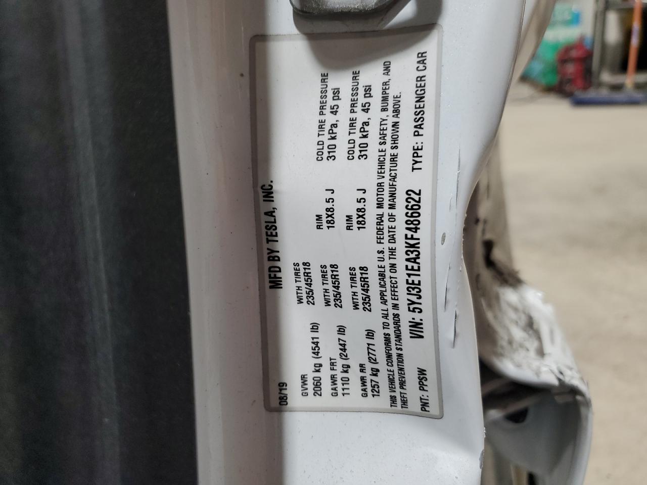 2019 Tesla Model 3 VIN: 5YJ3E1EA3KF486622 Lot: 91601135