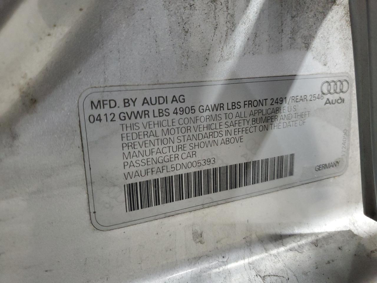 2013 Audi A4 Premium Plus VIN: WAUFFAFL5DN005393 Lot: 92382865