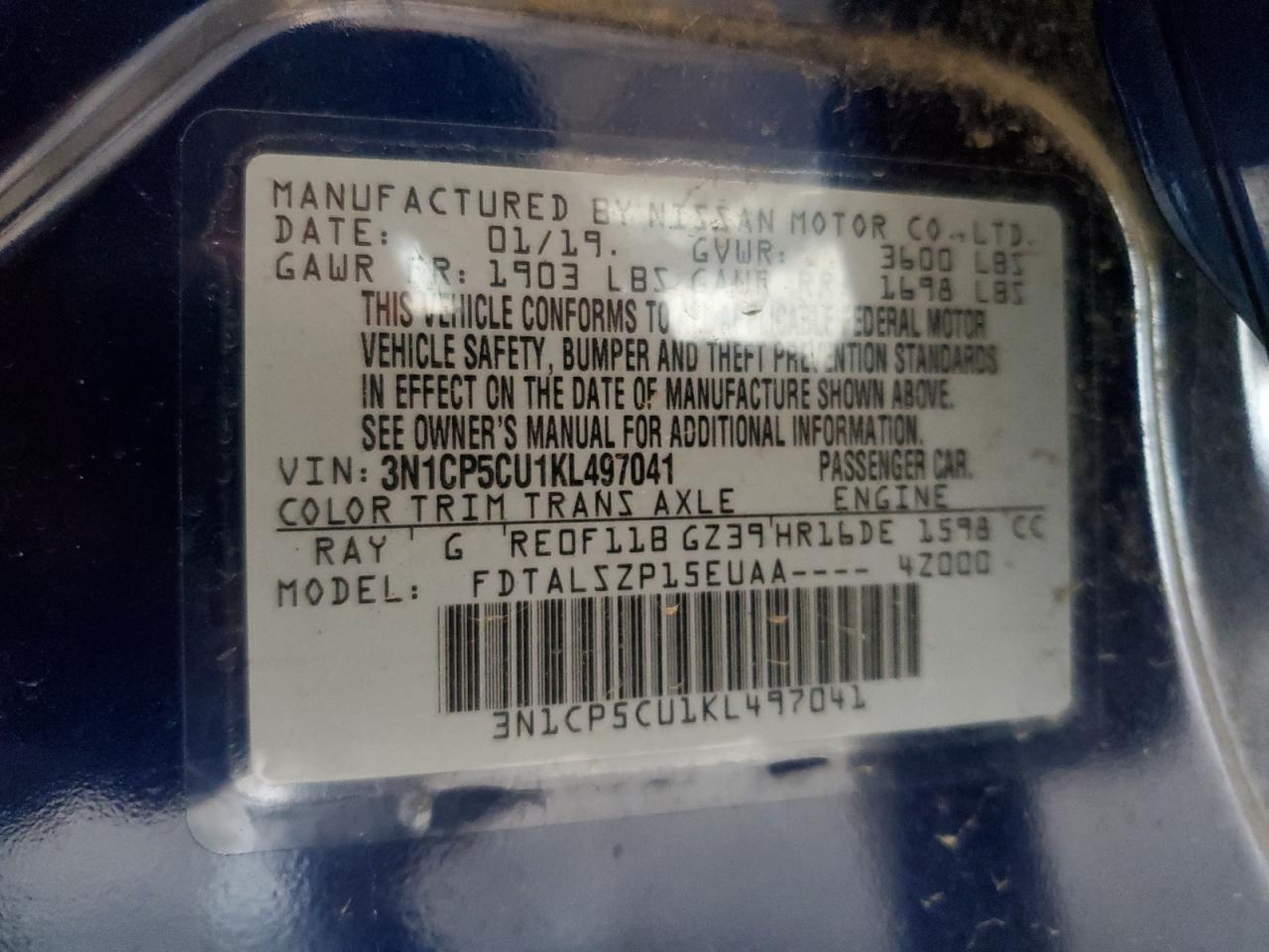 2019 Nissan Kicks S VIN: 3N1CP5CU1KL497041 Lot: 93050335