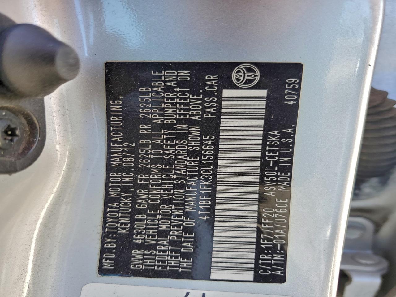 2012 Toyota Camry Base VIN: 4T1BF1FK3CU156645 Lot: 93988855