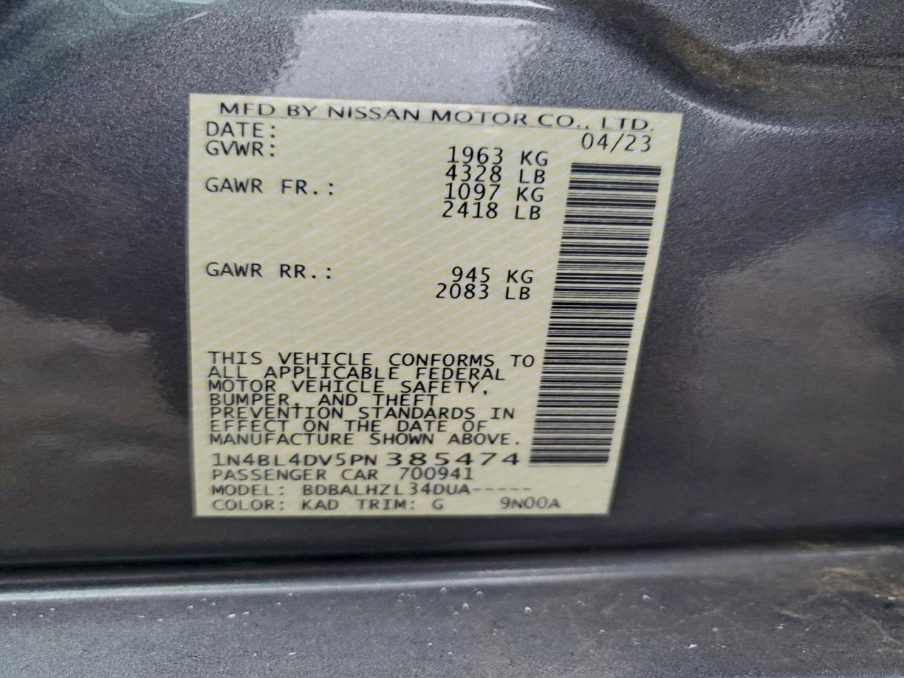 2023 Nissan Altima Sv VIN: 1N4BL4DV5PN385474 Lot: 93723045