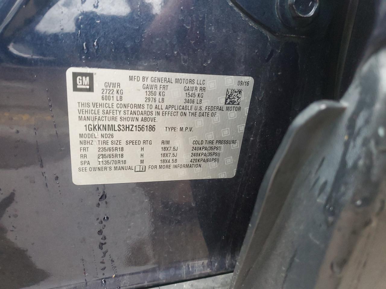 2017 GMC Acadia Slt-1 VIN: 1GKKNMLS3HZ156186 Lot: 92631855